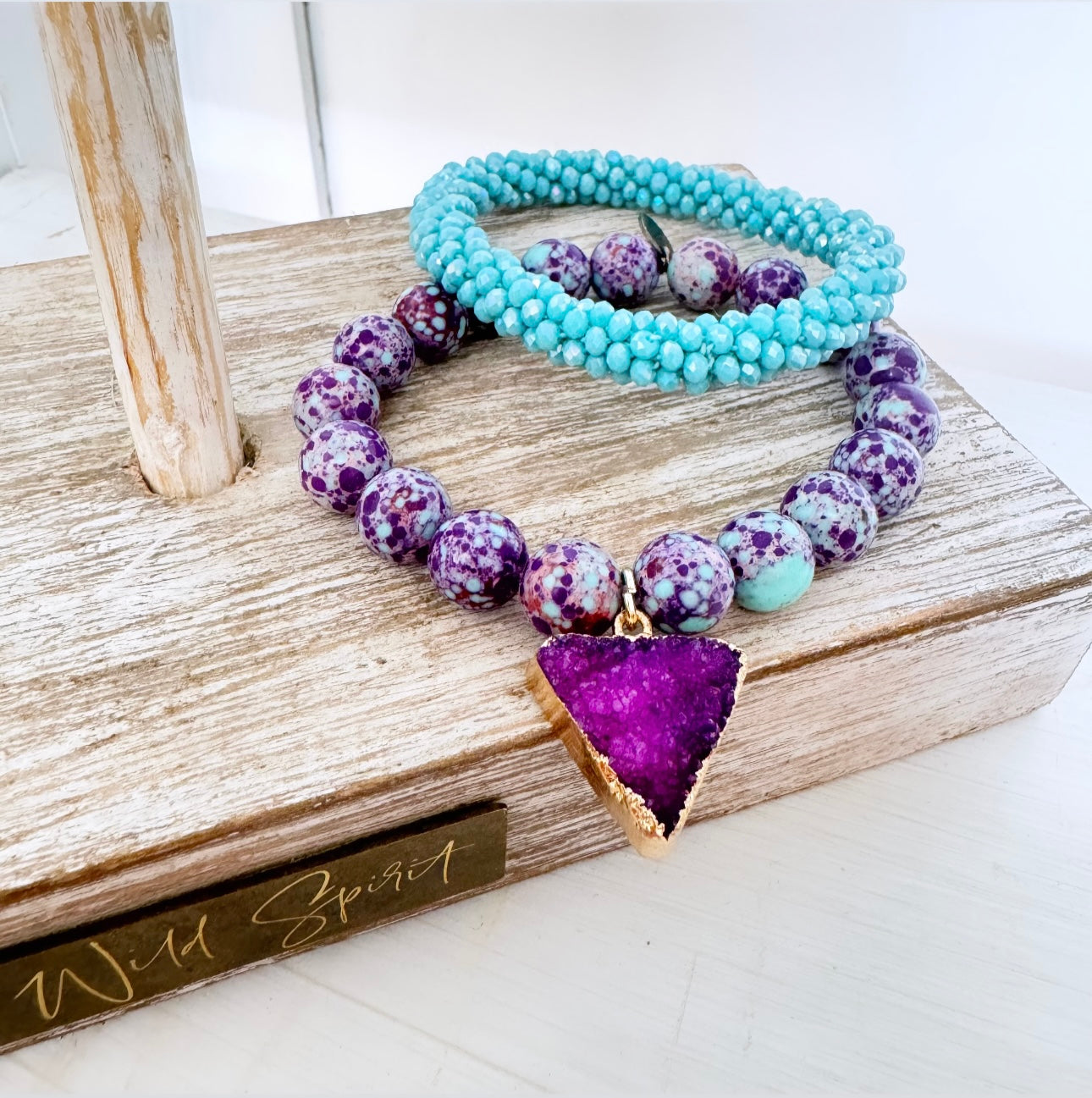 'Viola' Purple & Blue Boho Bracelet Set with Jasper & Druzy Stones