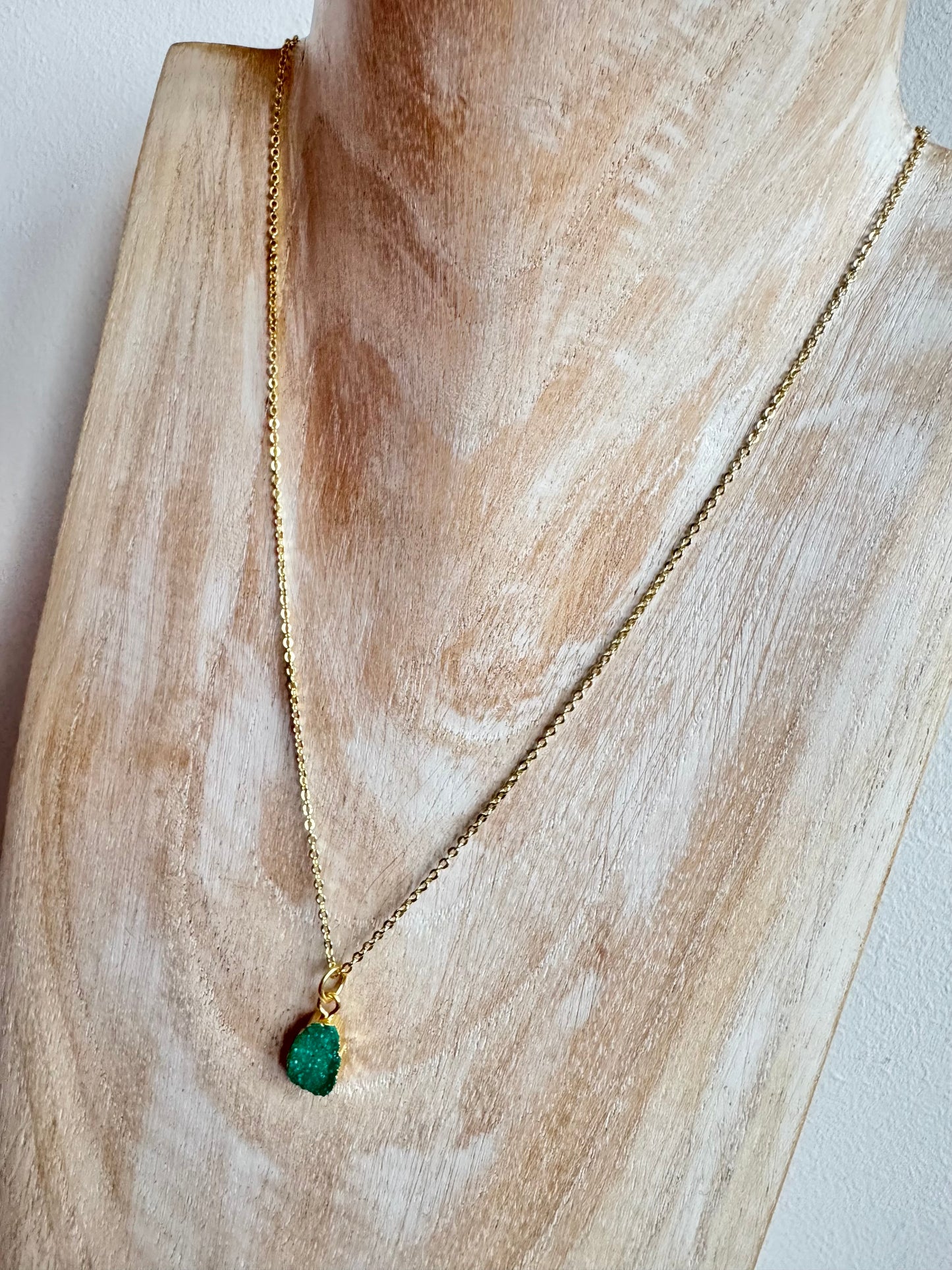 Dainty Gold-Plated Necklace with Green Druzy Stone – Adjustable Layering Necklace