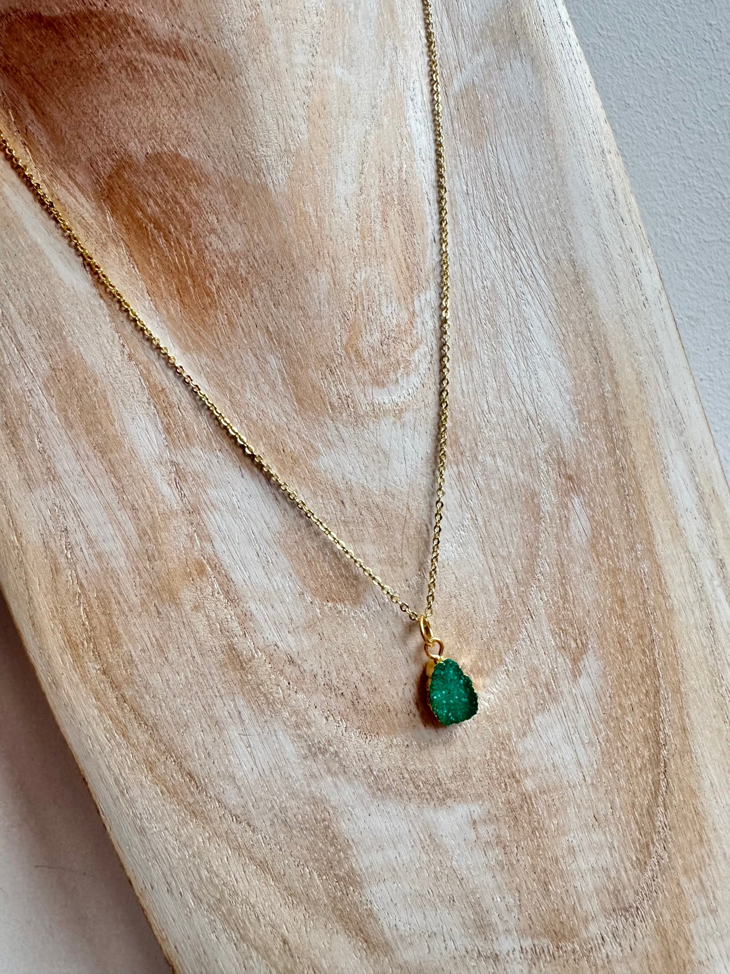 Dainty Gold-Plated Necklace with Green Druzy Stone – Adjustable Layering Necklace