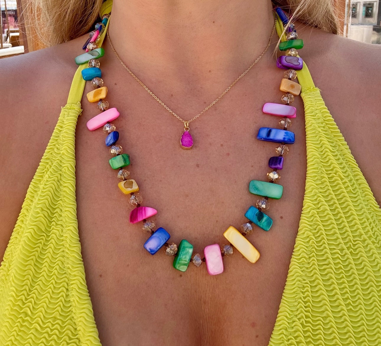 Dainty Gold-Plated Necklace with Pink Druzy Stone – Adjustable Layering Necklace