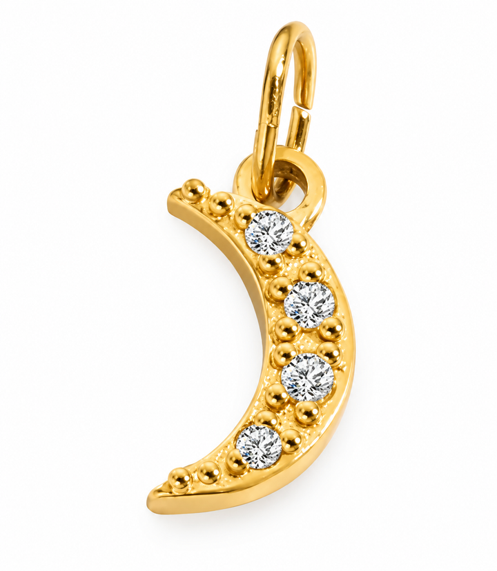 a gold crescent moon with diamonds