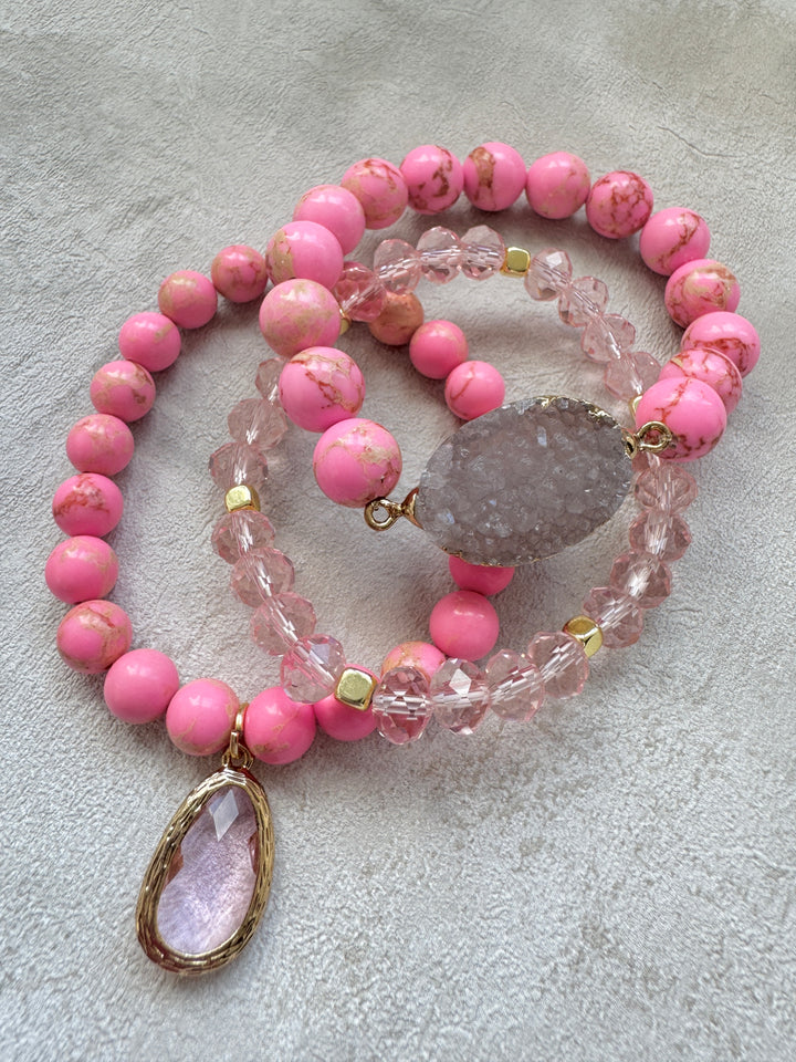 The Pink Druzy Natural Stone Bracelet Stack