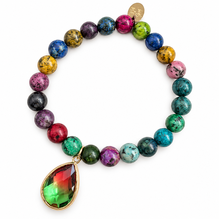 a colorful beaded bracelet with a gem pendant