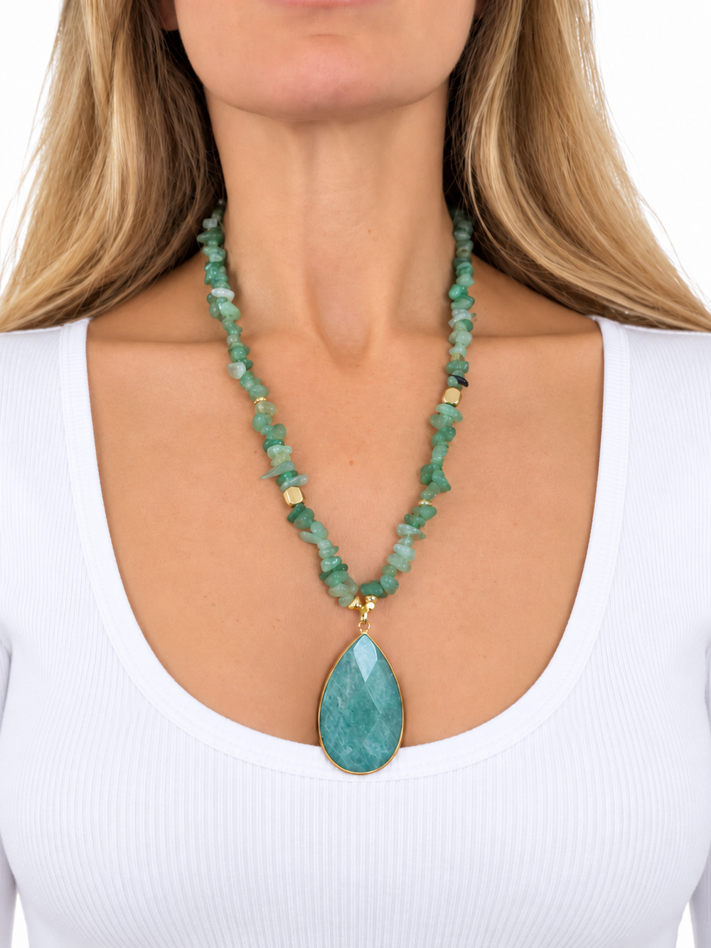 a woman wearing a necklace