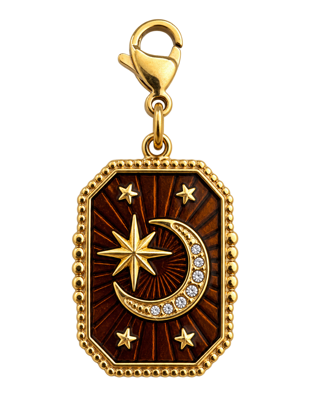 a gold medallion with a moon and stars