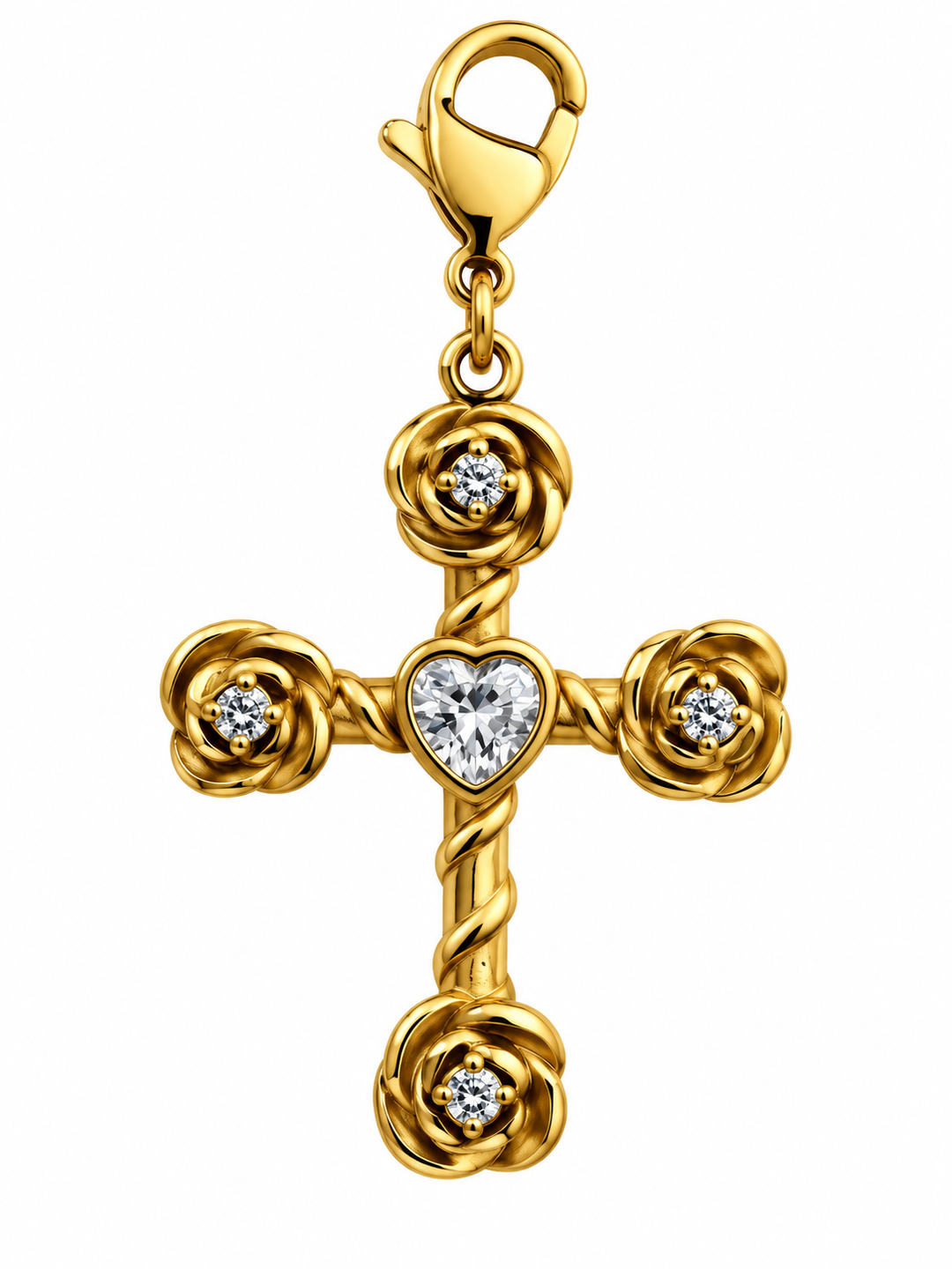 a gold cross with diamonds and flowers