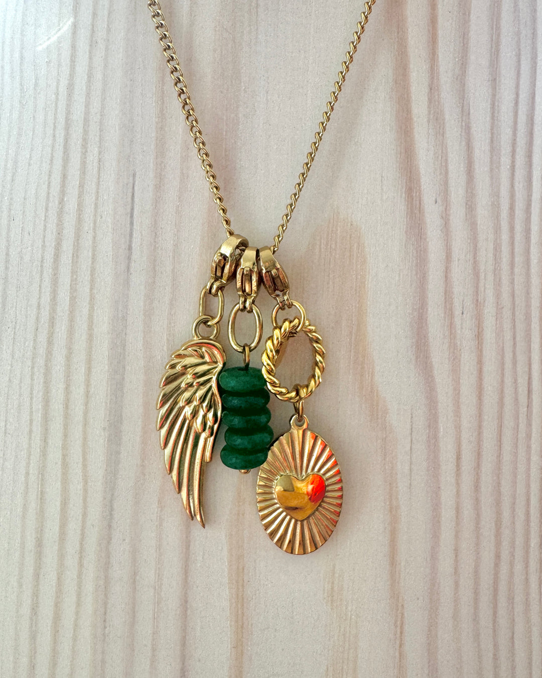 3 Charm Necklace (Wing, Green Stone, Twisty Heart)