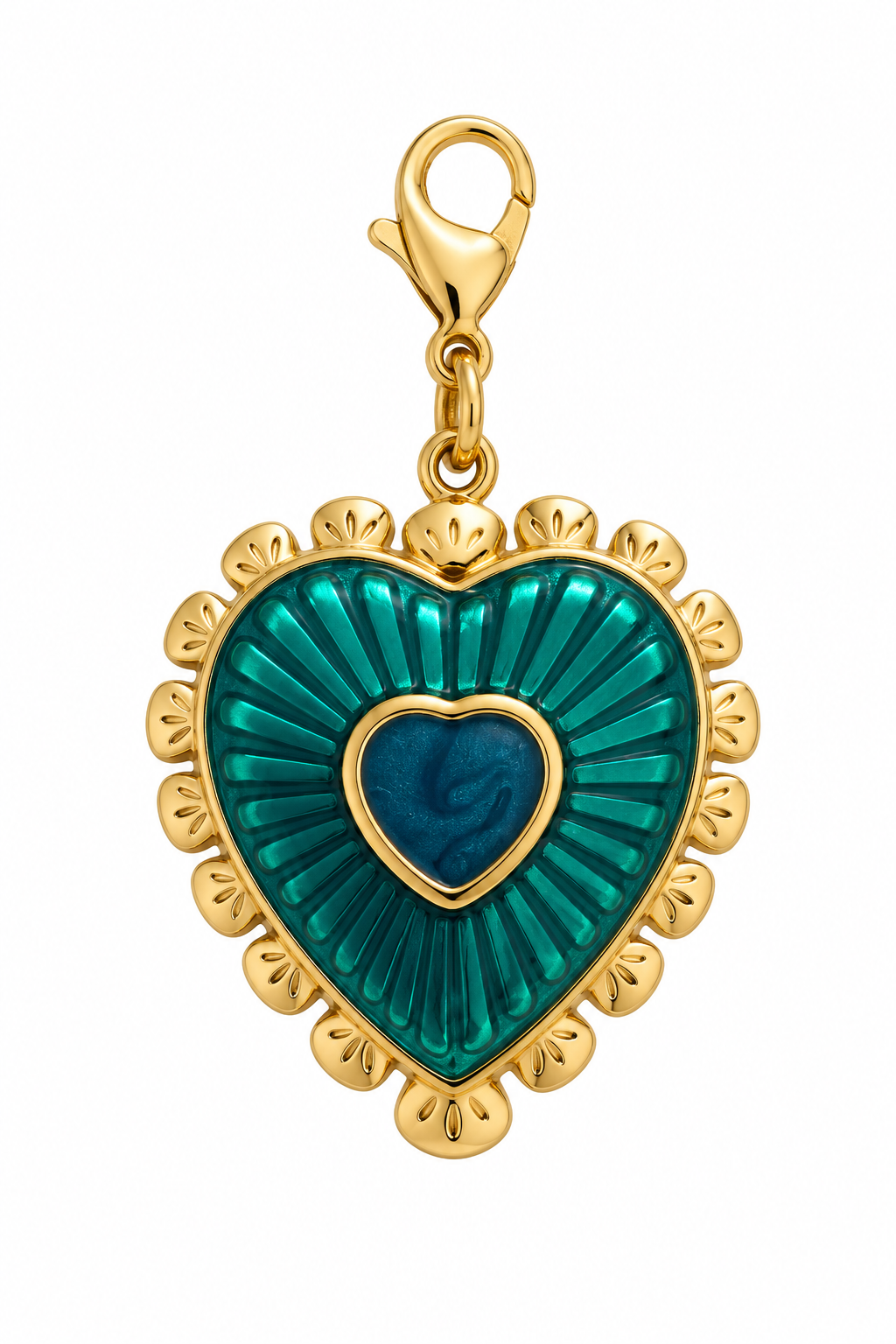 a gold and blue heart pendant