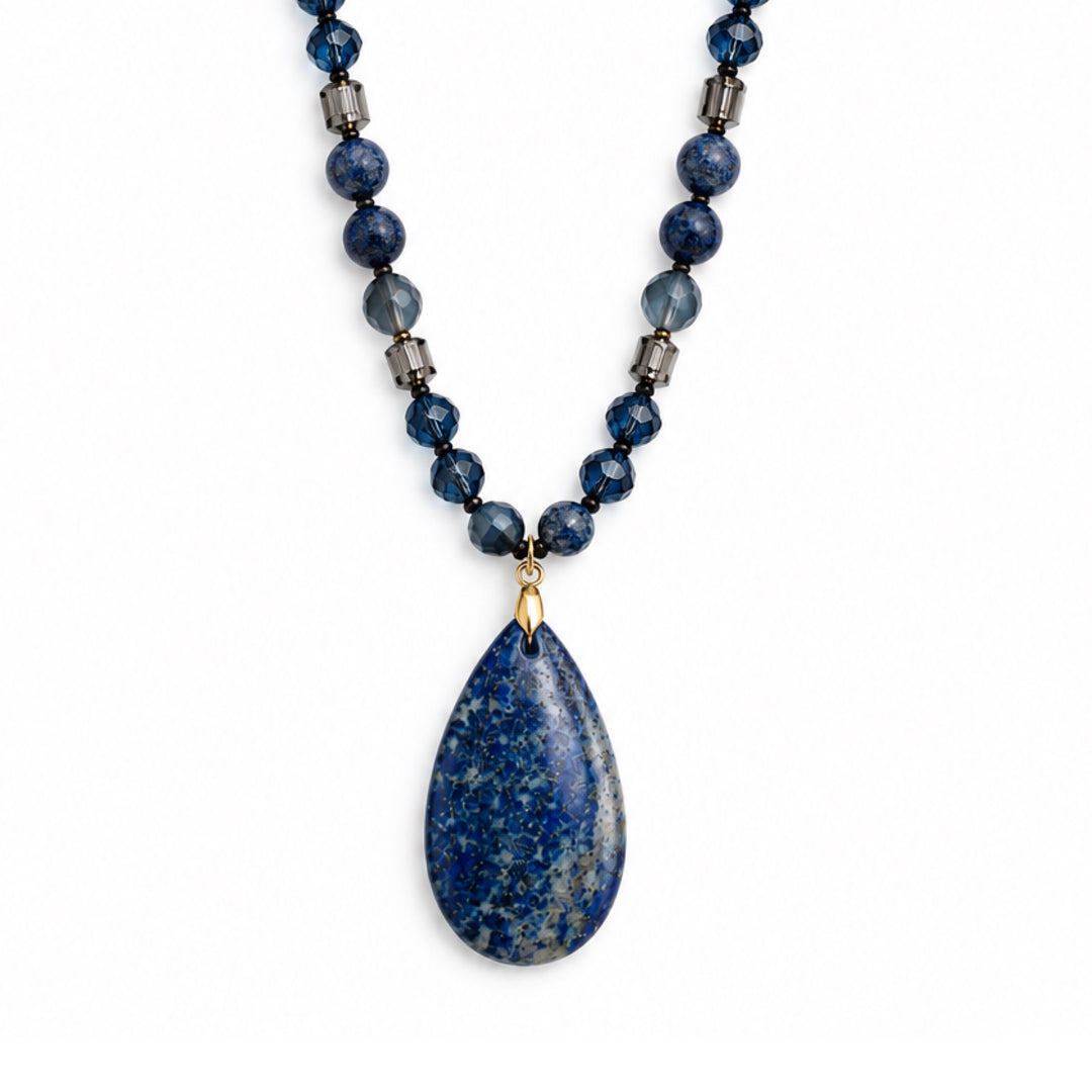 a blue and black beaded necklace