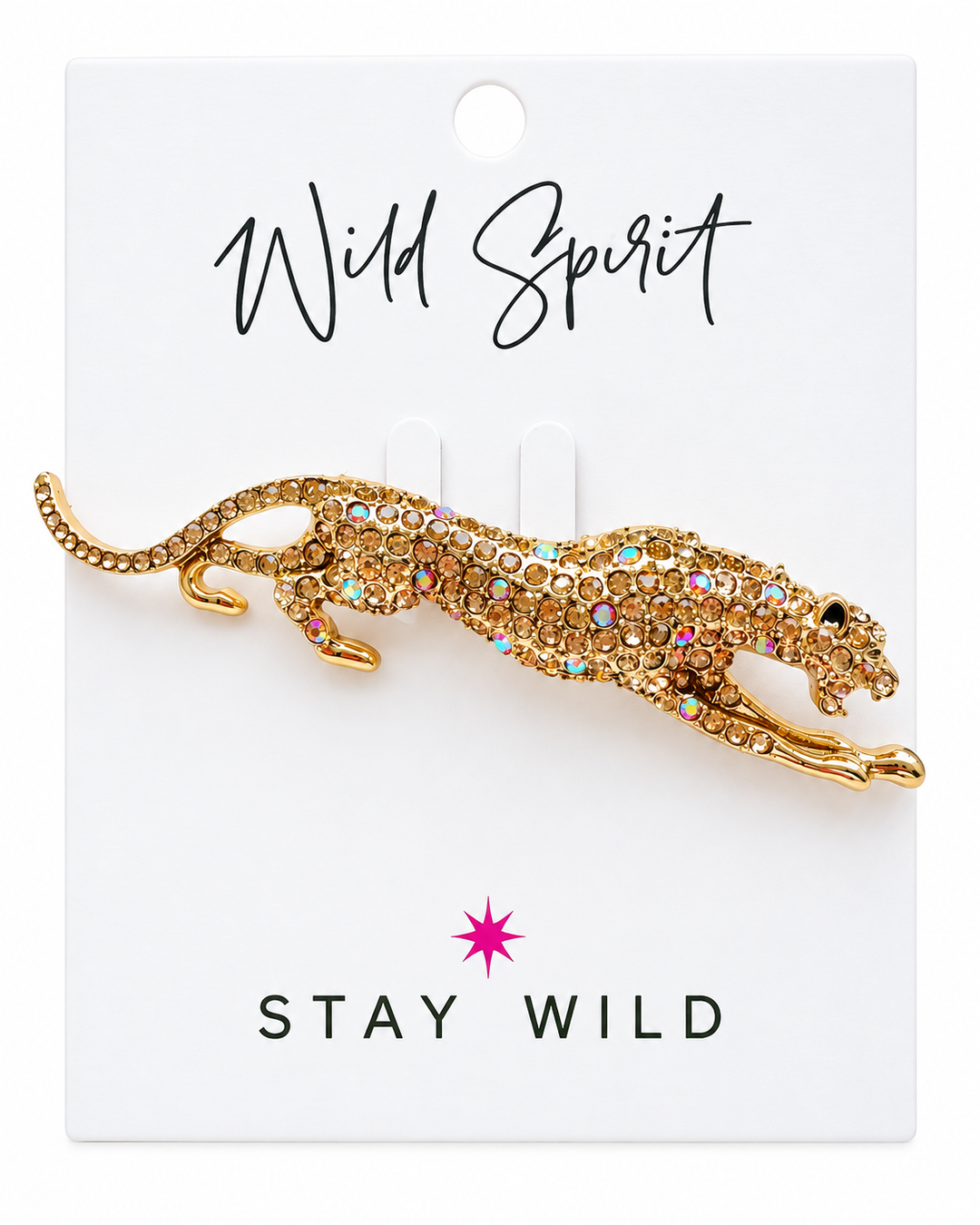 a gold panther pin with crystals on it