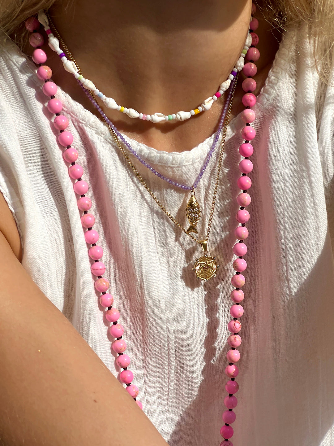Pink Palm Tree Gold Necklace