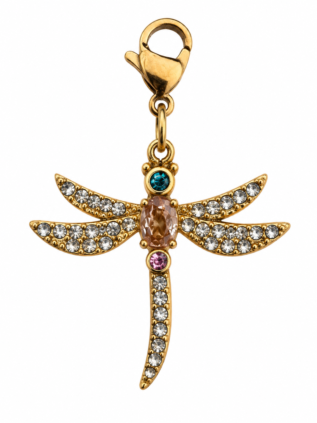 a gold dragonfly pendant with gems