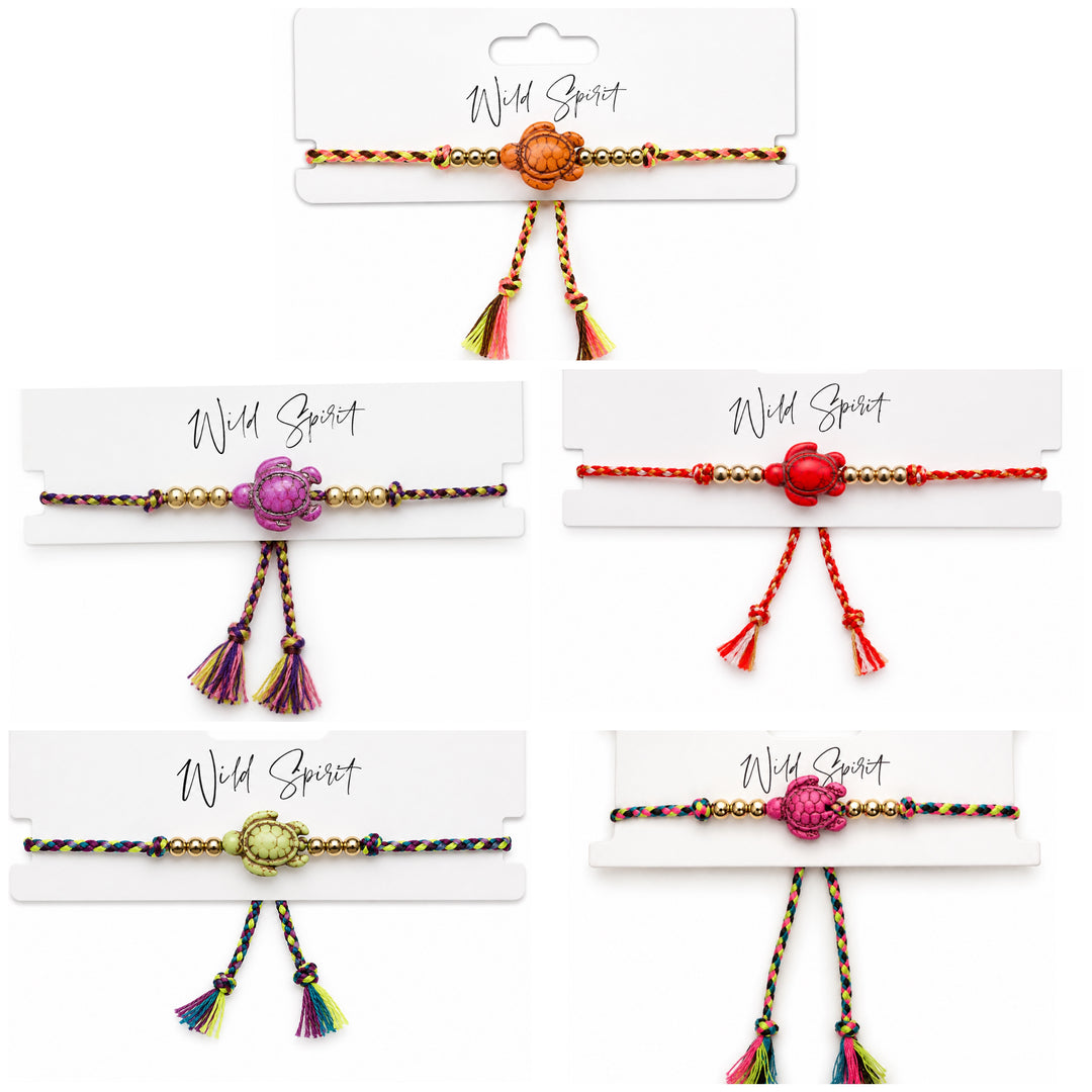 Turtle Charm Woven Bracelet / Anklet – Adjustable & Colourful (Mixed Pack of 5)