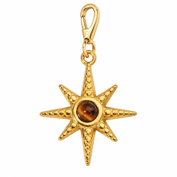 a gold star with a brown stone