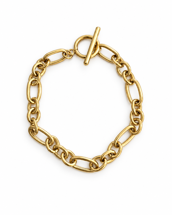 a gold chain with a toggle