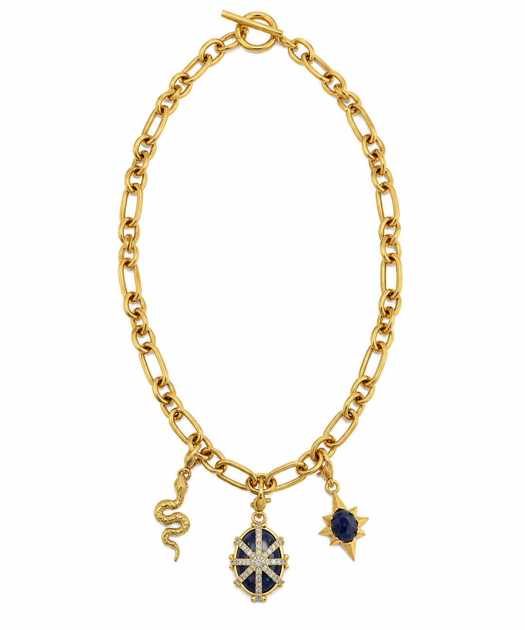 a gold chain with blue pendants