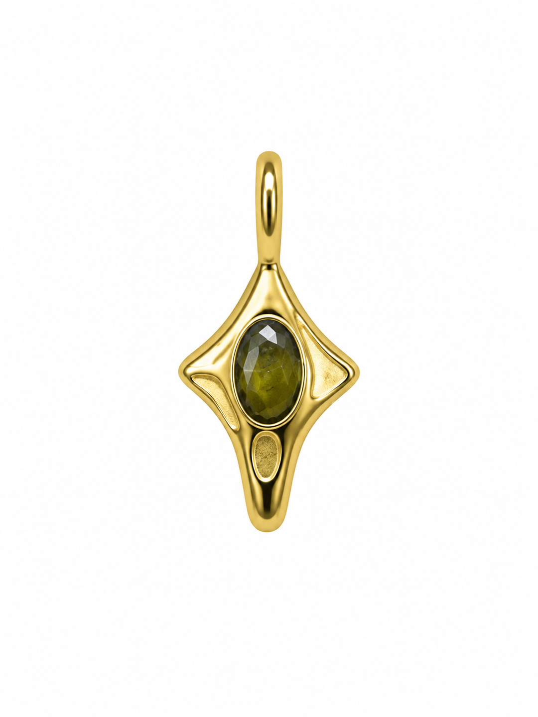 a gold pendant with a green stone