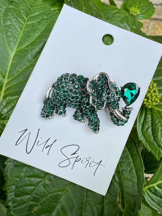 Green Bling Elephant Brooch