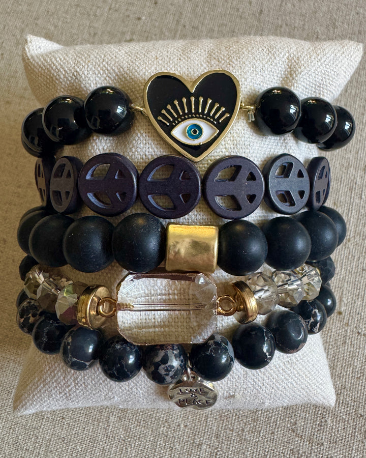 Black Peace & Love Set of 5 Bracelets