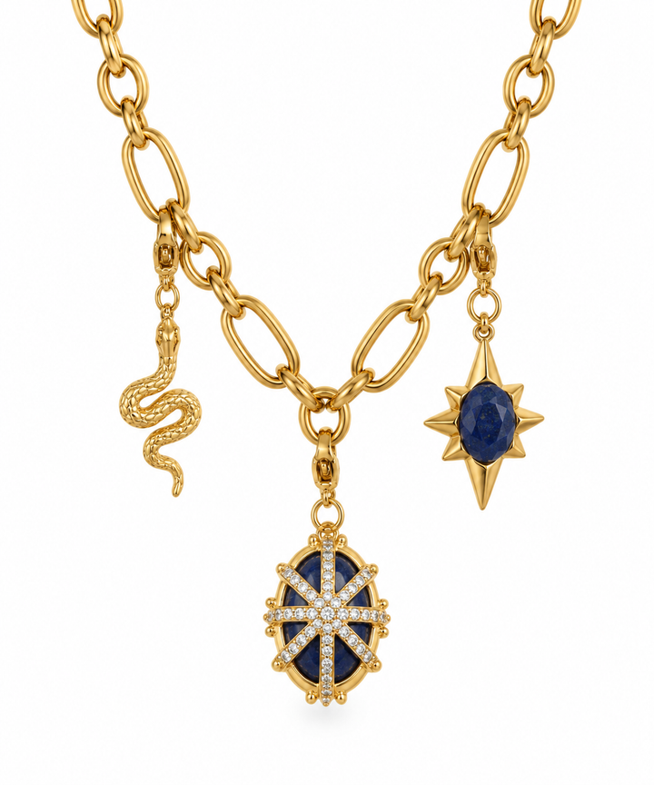 a gold chain with a blue and gold pendant