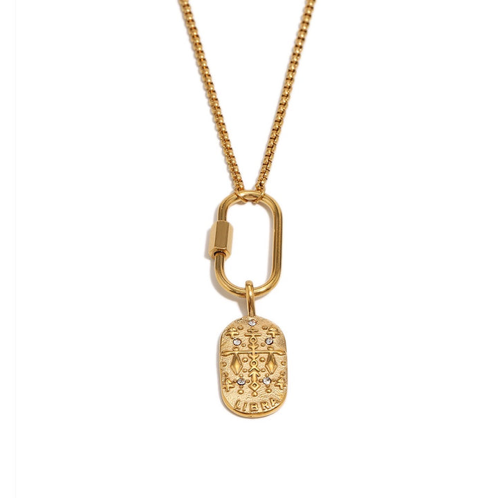 a gold necklace with a lock and a pendant
