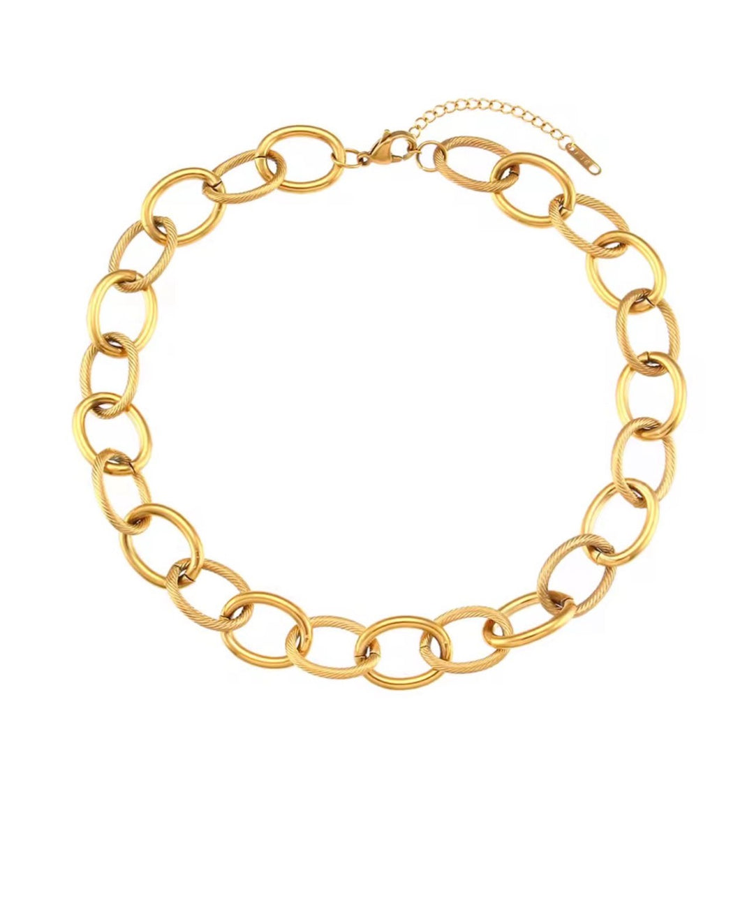 a gold chain necklace on a white background