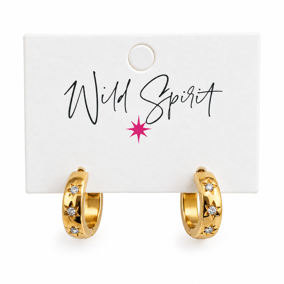 a pair of gold hoop earrings with diamonds on a white card