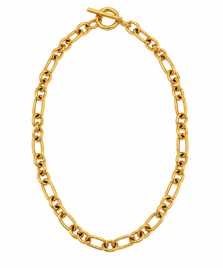 a gold chain on a white background