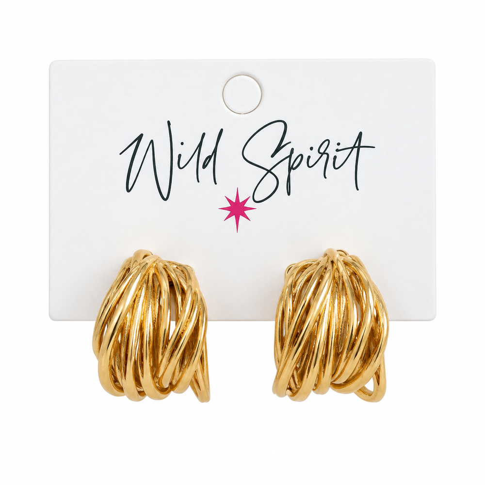a pair of gold earrings on a white card