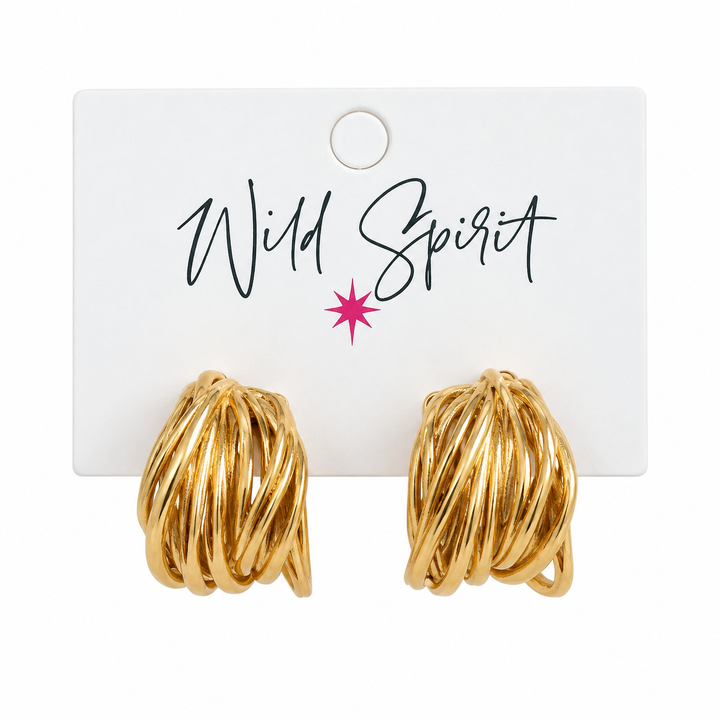 a pair of gold earrings on a white card