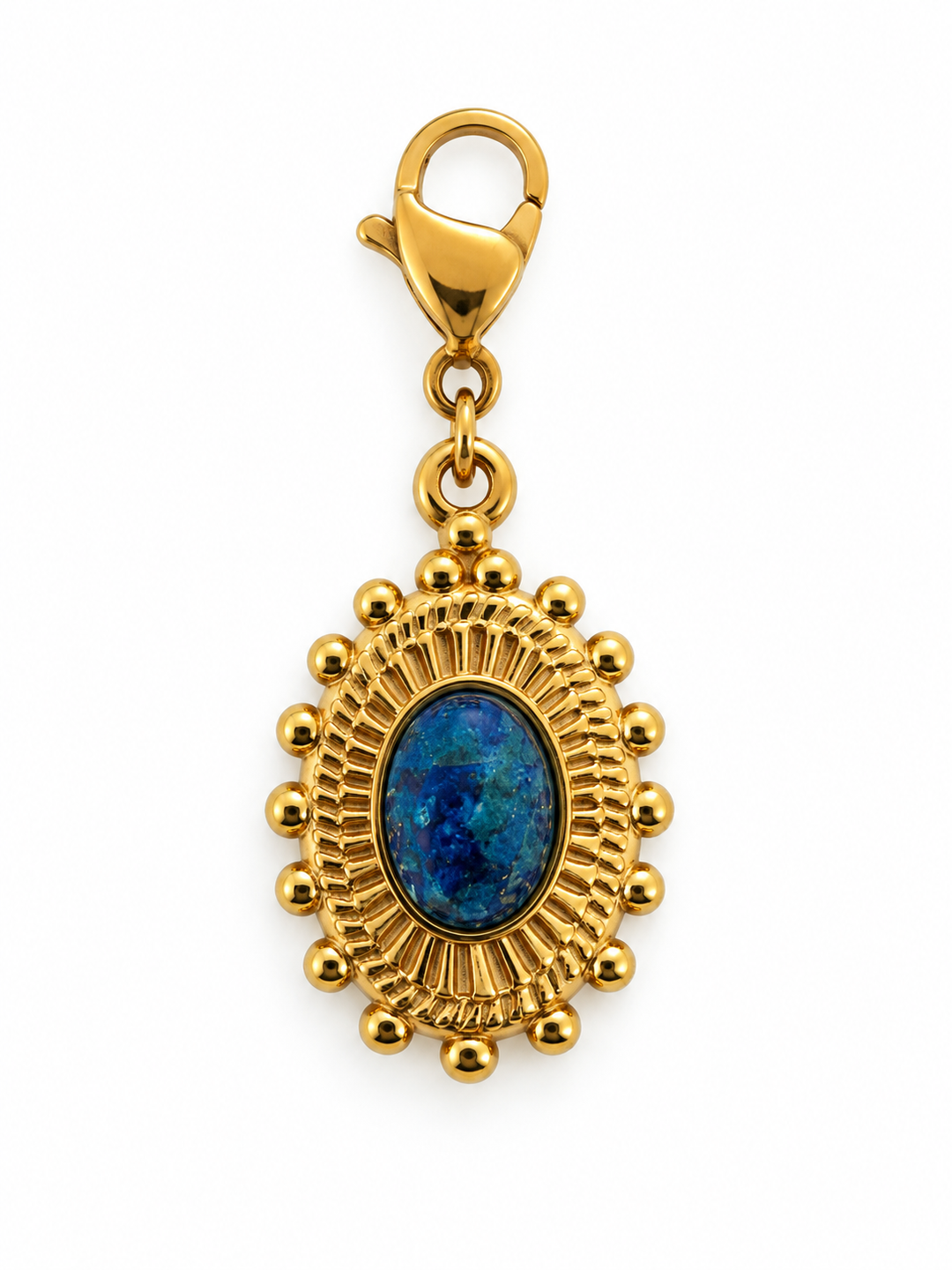 a gold and blue stone pendant
