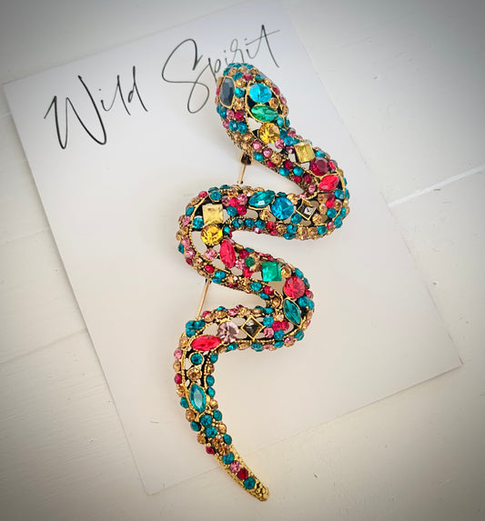 Big Gold Multi Jewel Snake Brooch