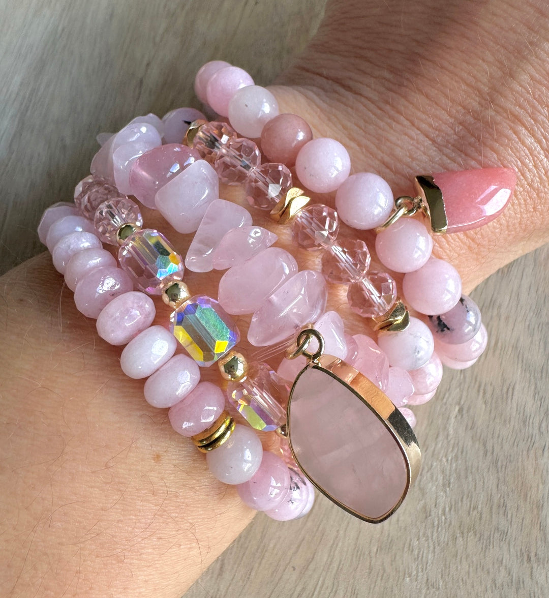 The Blossom Rose Quartz Natural Stone Bracelet Stack