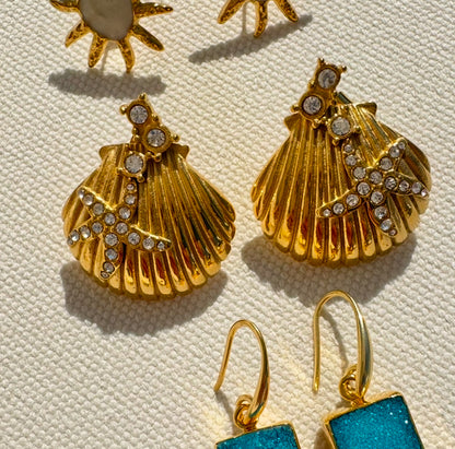 Waterproof Gold Plated Bling Scallop Shell Earrings