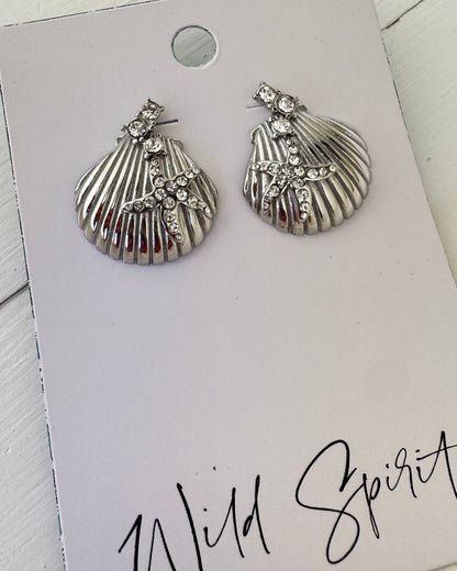 Waterproof Silver Plated Bling Scallop Shell Earrings