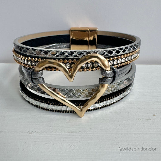 Grey Layered Heart Cuff Bracelet