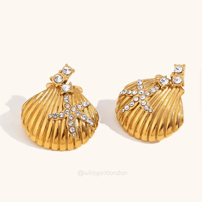 Waterproof Gold Plated Bling Scallop Shell Earrings