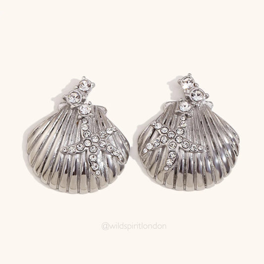 Waterproof Silver Bling Scallop Shell Earrings