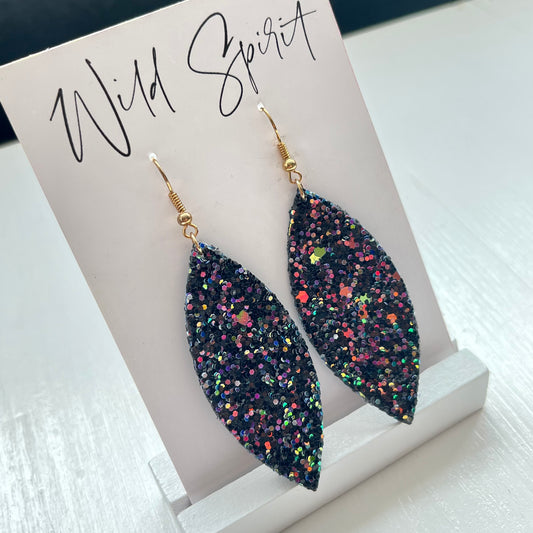 Black Sparkle Leaf Drop Earrings