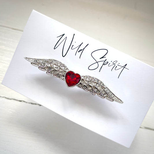 Silver Wings Heart Brooch